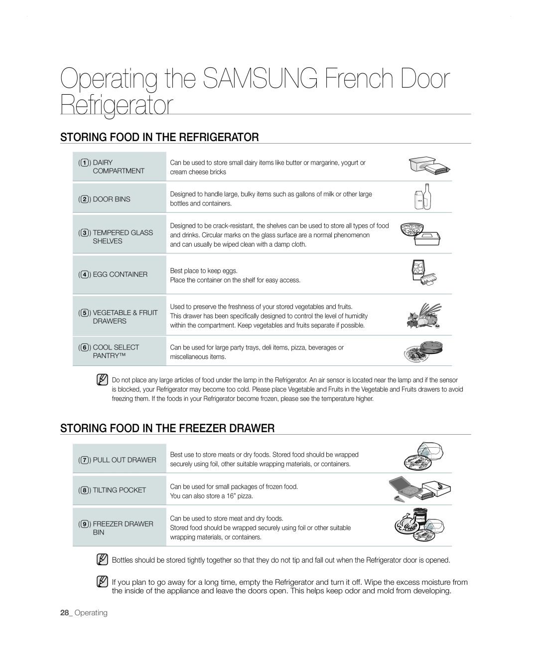 Samsung RF267AA user manual Storing Food in the Refrigerator, Storing Food in the Freezer Drawer, Operating 