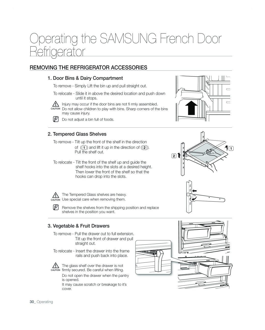 Samsung RF267AA user manual Removing The Refrigerator Accessories, Door Bins & Dairy Compartment, Tempered Glass Shelves 