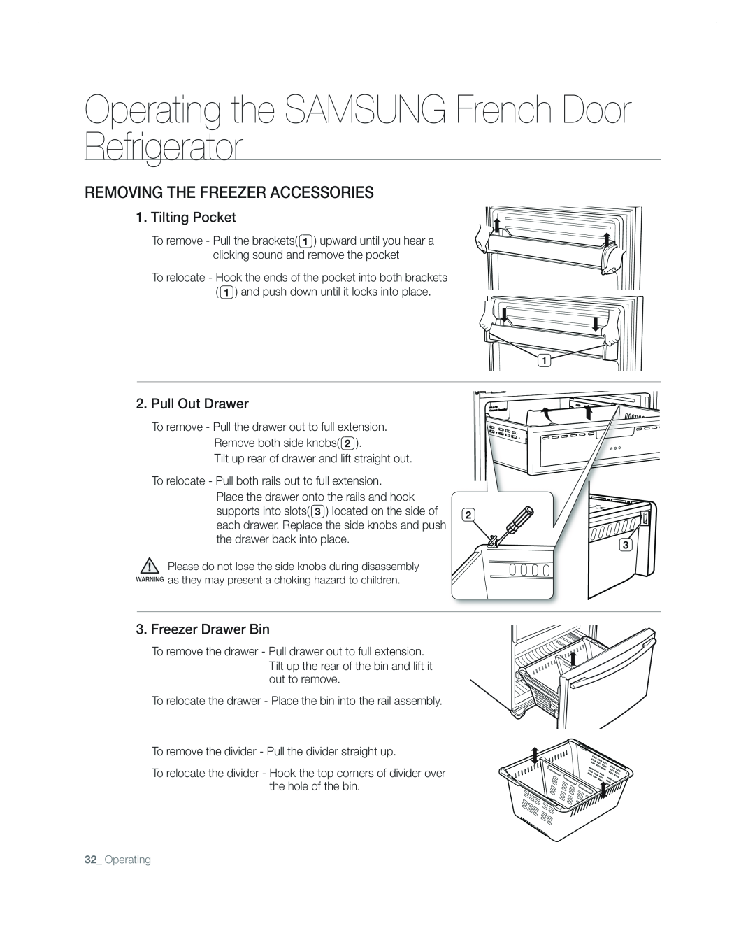Samsung RF267AA user manual Removing The Freezer Accessories, Tilting Pocket, Pull Out Drawer, Freezer Drawer Bin 