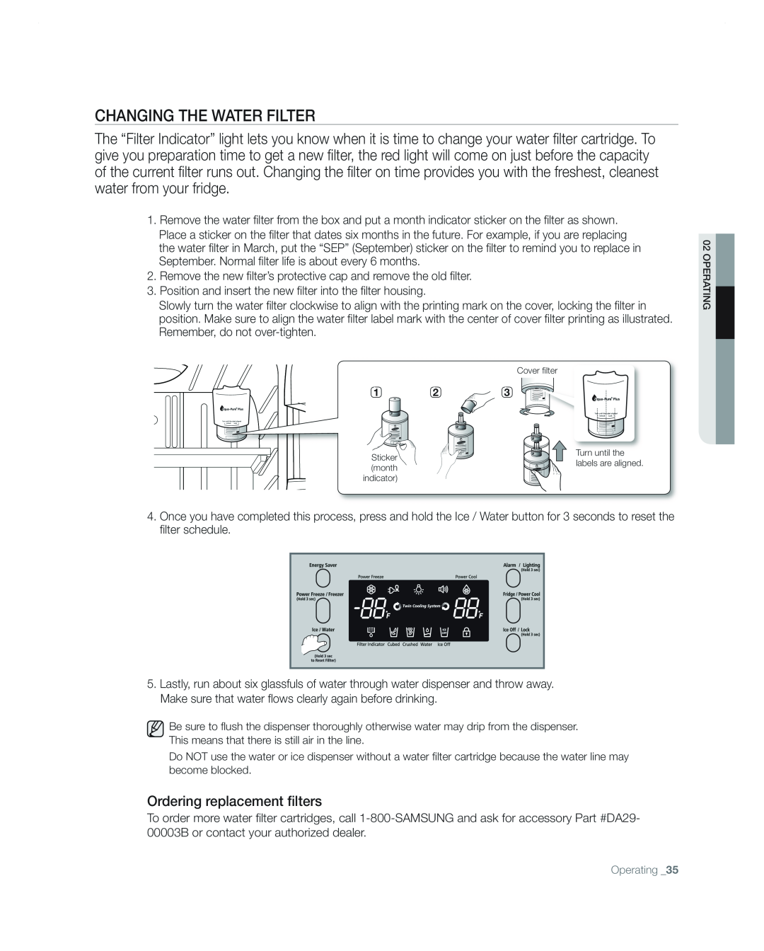 Samsung RF267AA user manual Changing The Water Filter, Ordering replacement filters 