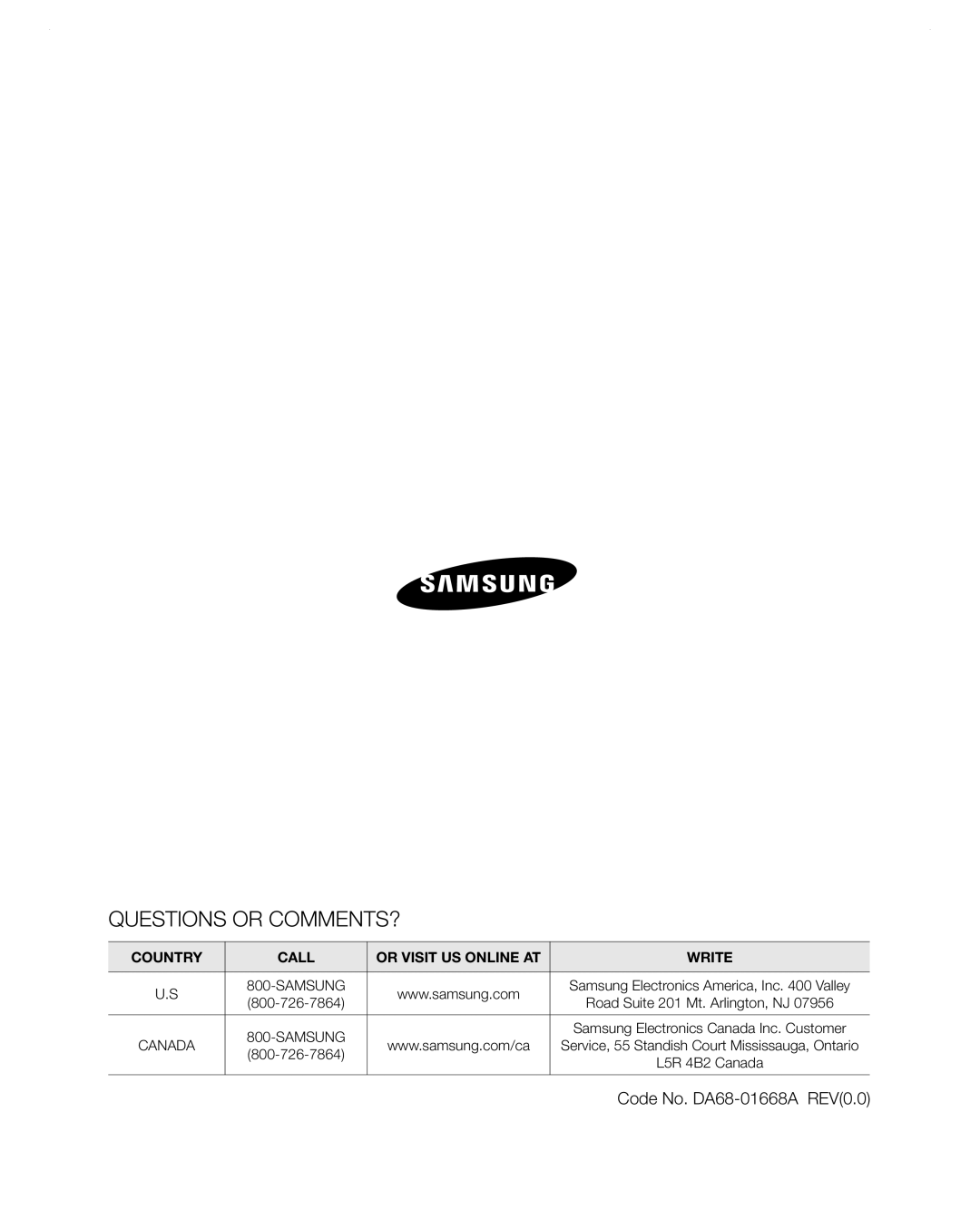 Samsung RF267AA Questions Or Comments?, Code No. DA68-01668A REV0.0, Country, Call, Or Visit Us Online At, Write 