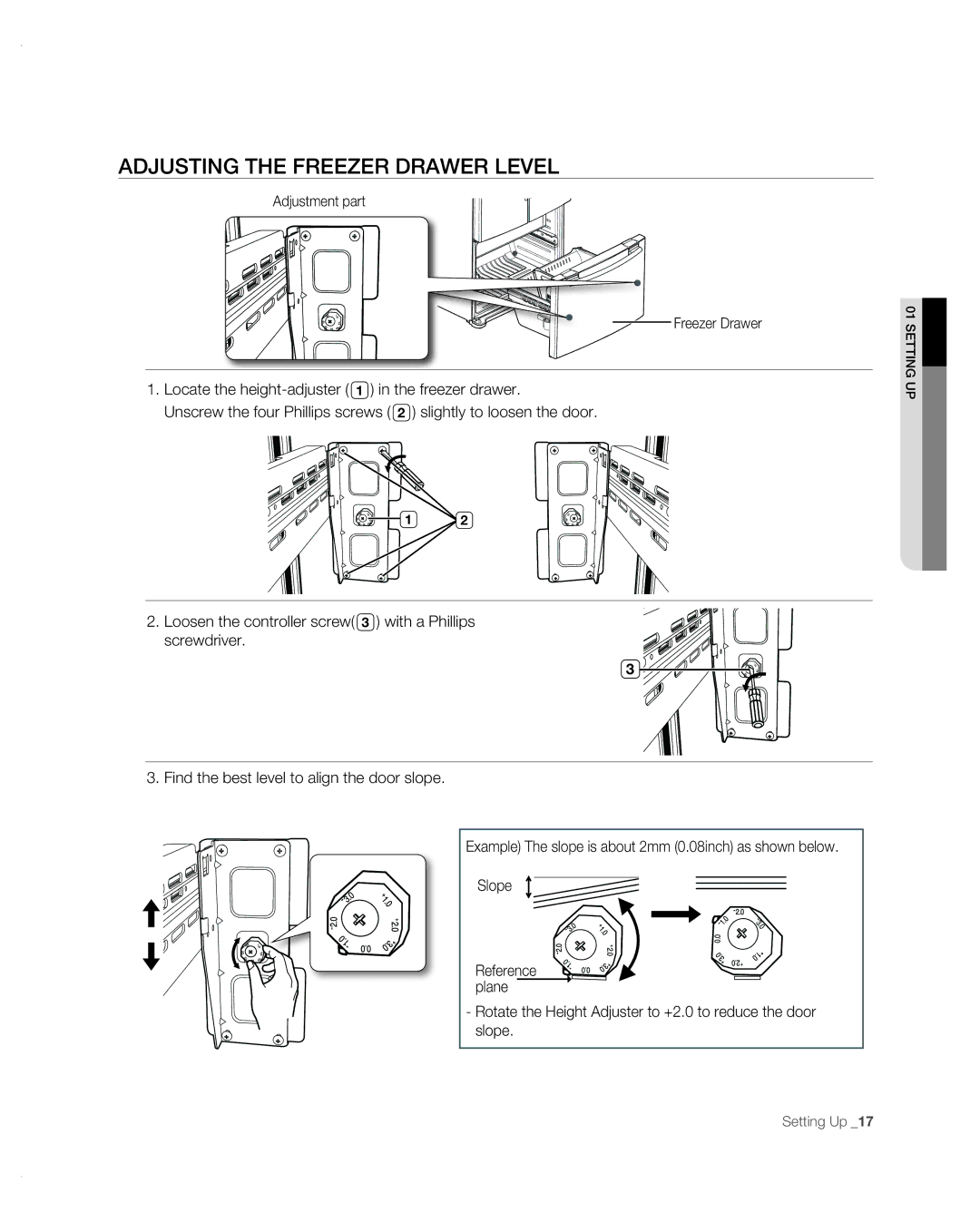 Samsung RF267AB user manual Adjusting the Freezer Drawer Level 