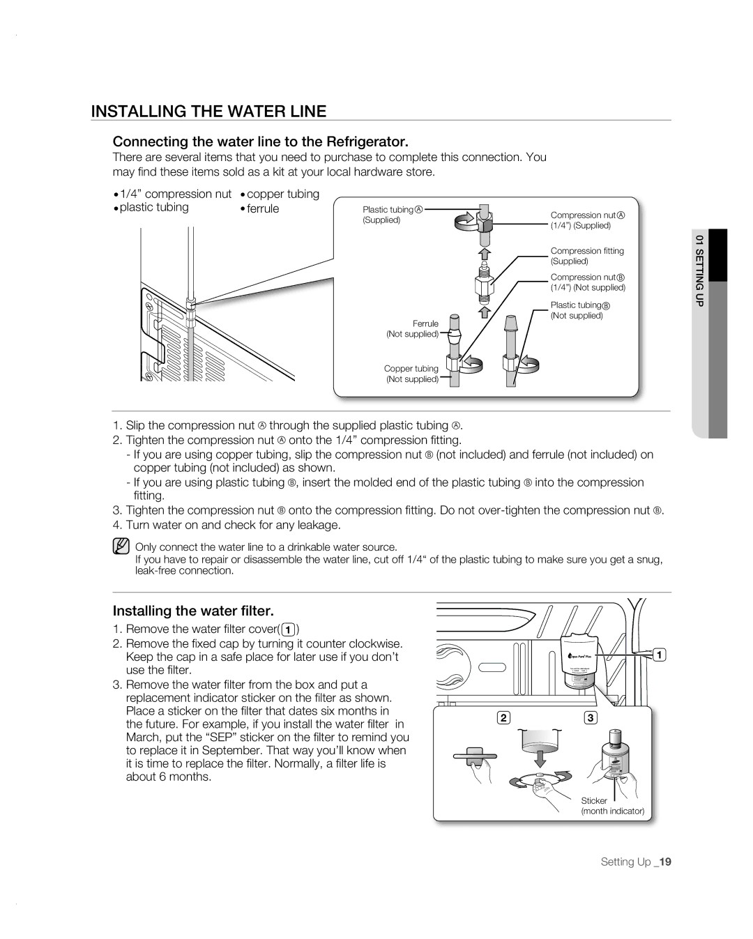 Samsung RF267AB Installing the Water Line, Connecting the water line to the Refrigerator, Installing the water filter 