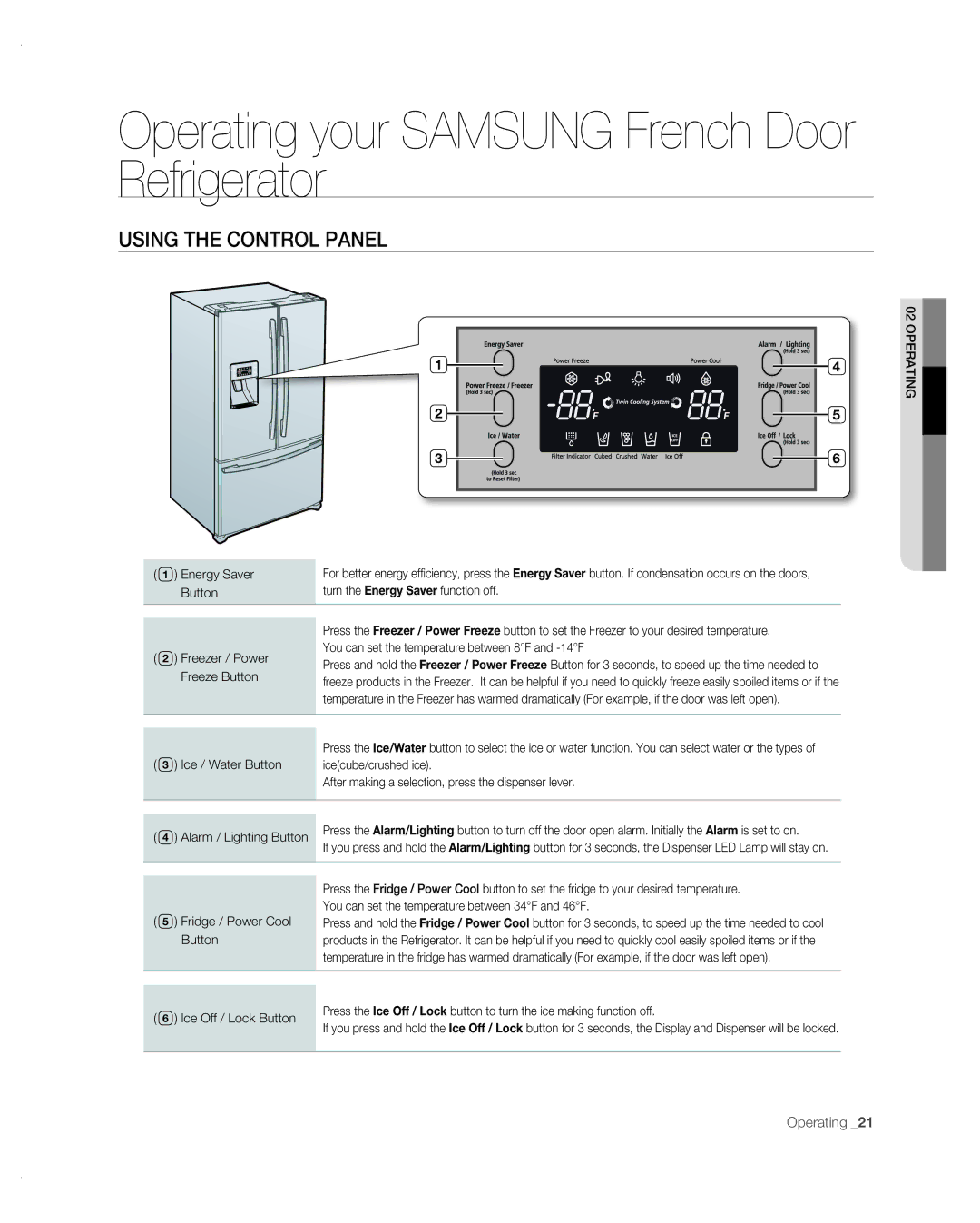 Samsung RF267AB user manual Operating your Samsung French Door Refrigerator, Using the control panel 