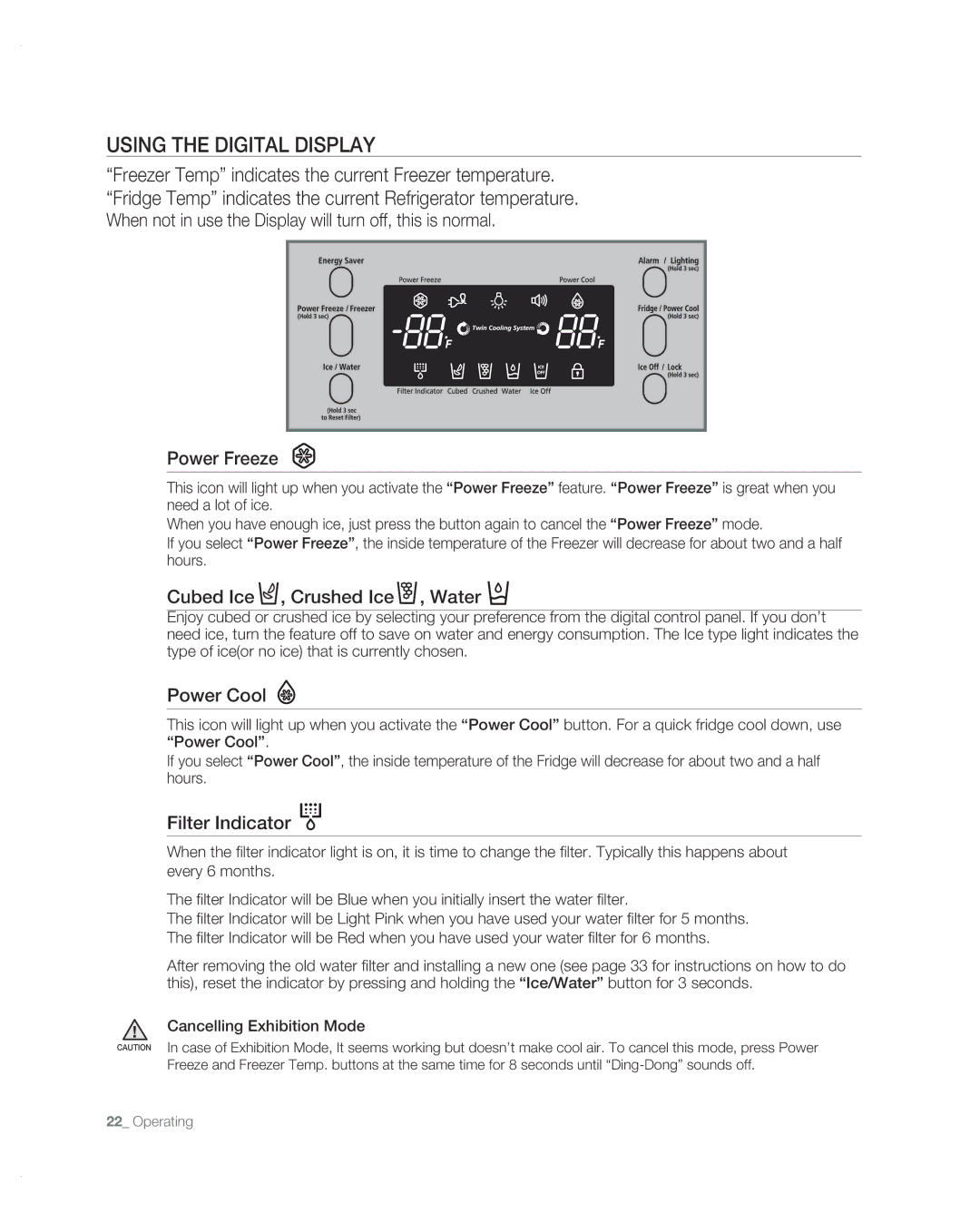 Samsung RF267AB user manual Using the Digital Display, Cubed Ice , Crushed Ice , Water, Power Cool, Filter Indicator 