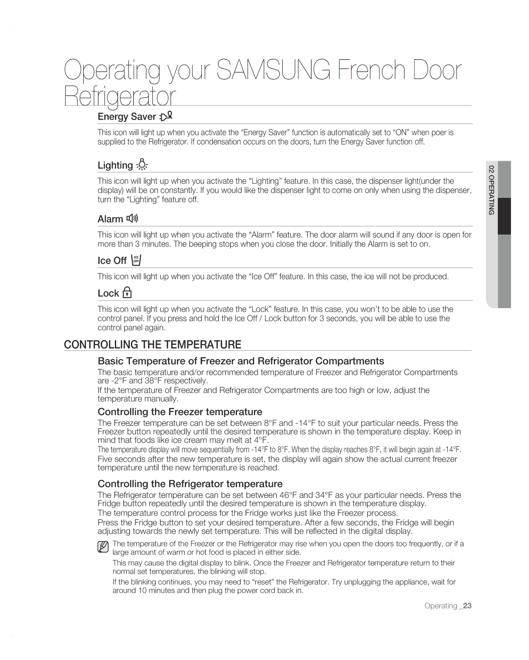 Samsung RF267AB user manual Controlling the Temperature 