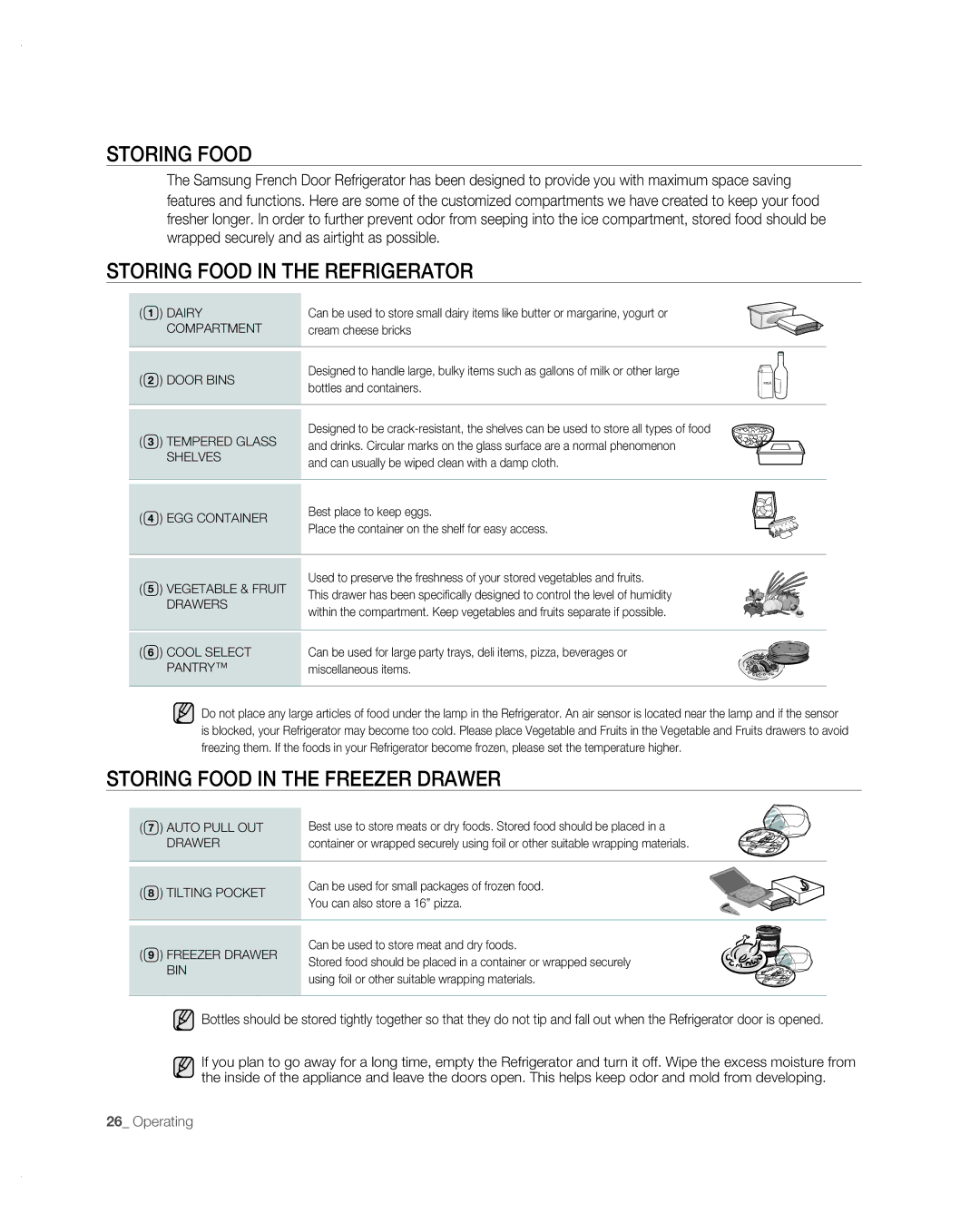 Samsung RF267AB user manual Storing Food in the Refrigerator, Storing Food in the Freezer Drawer 