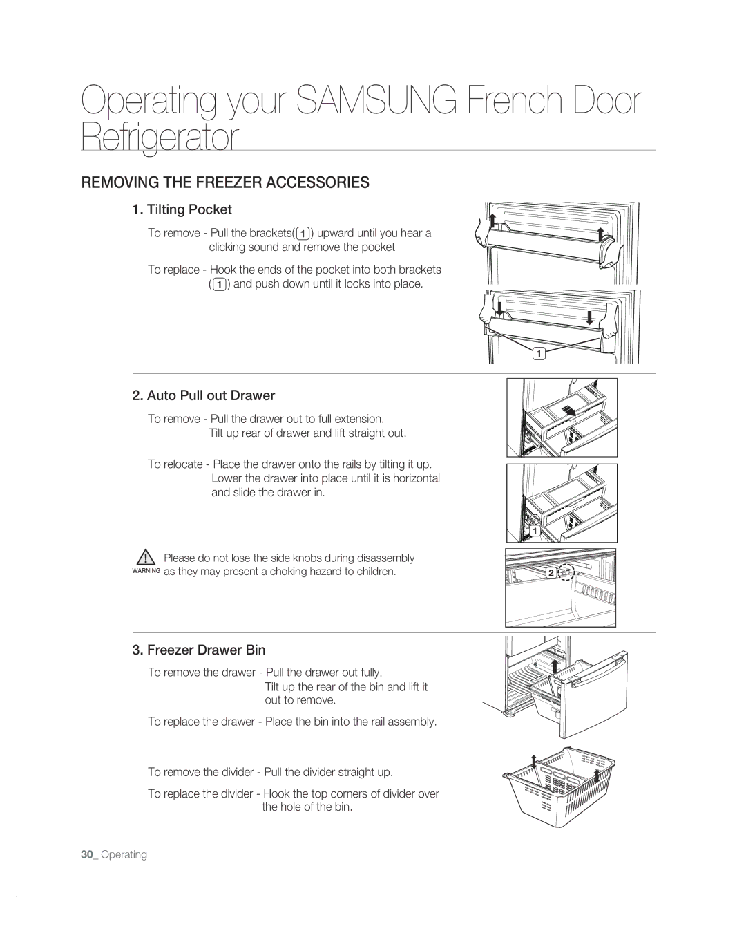 Samsung RF267AB user manual Removing the Freezer Accessories, Tilting Pocket, Auto Pull out Drawer, Freezer Drawer Bin 