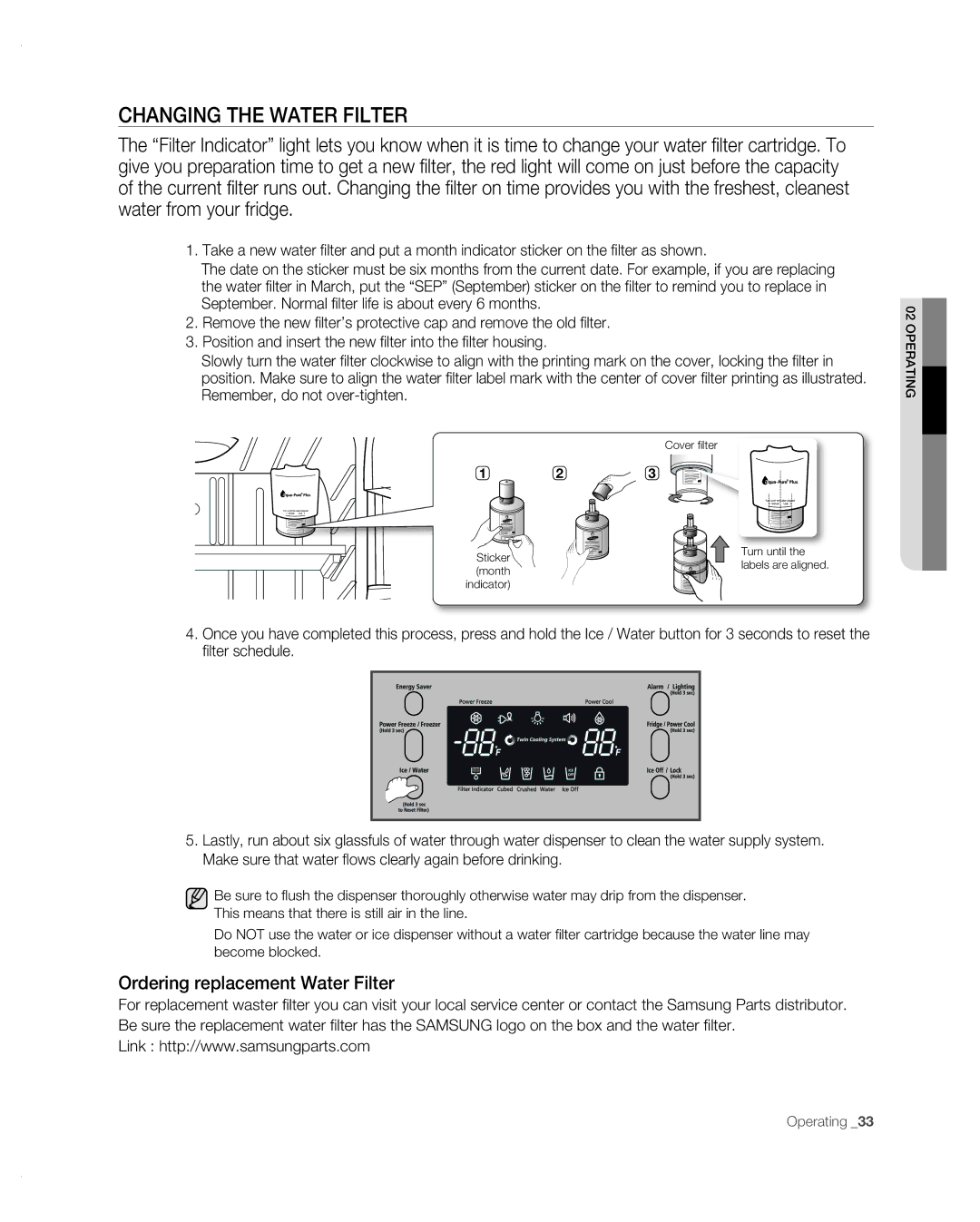 Samsung RF267AB user manual Changing the Water Filter, Ordering replacement Water Filter 