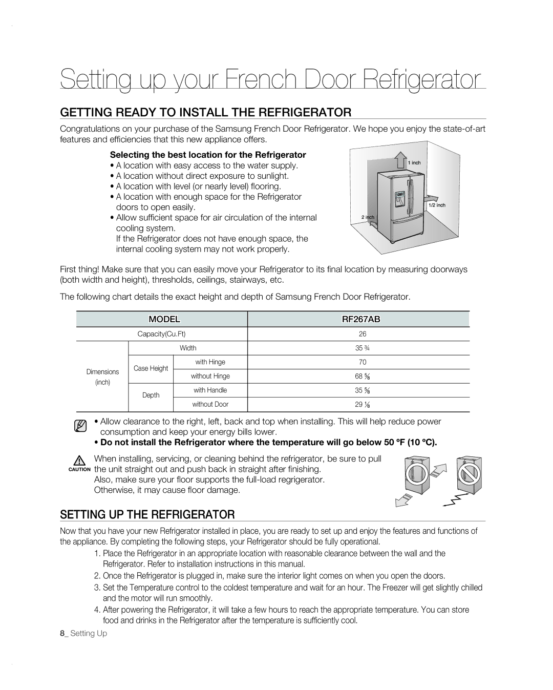 Samsung RF267AB user manual Getting Ready to Install the Refrigerator, Setting UP the Refrigerator 