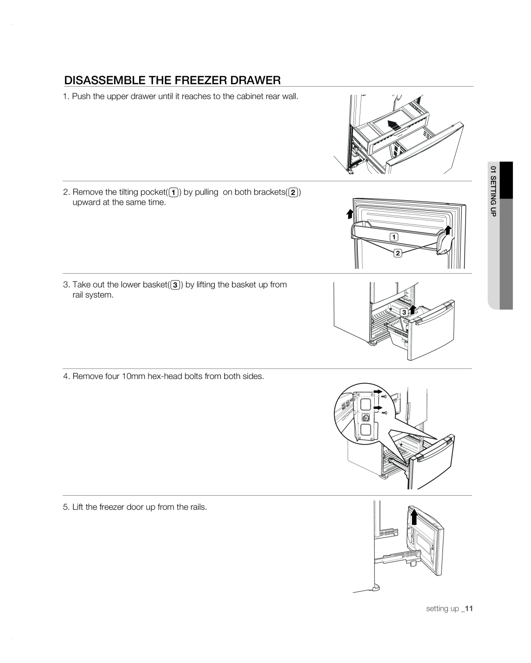 Samsung RF267AB user manual disassemble the freezer drawer, Push the upper drawer until it reaches to the cabinet rear wall 