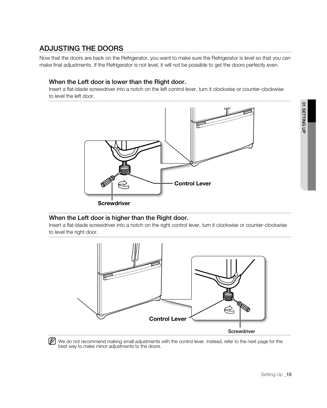 Samsung RF267AB user manual ADJUSTING THE doors, When the Left door is lower than the Right door, Control Lever Screwdriver 