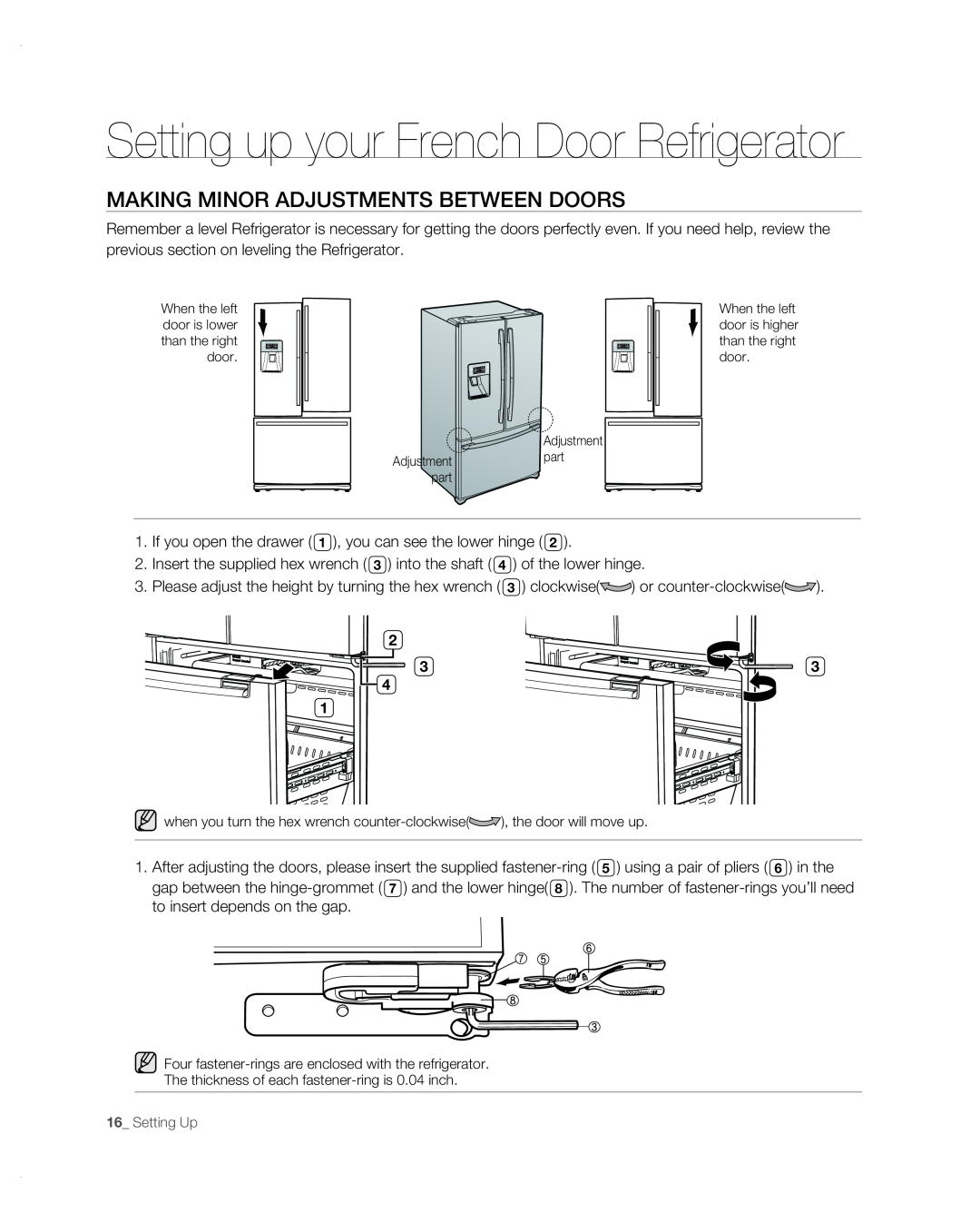 Samsung RF267AB user manual Making Minor Adjustments Between Doors, Setting up your French Door Refrigerator 