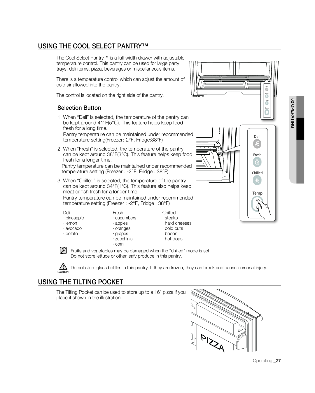 Samsung RF267AB user manual Using The Cool Select Pantry, USING the tilting pocket, Selection Button 