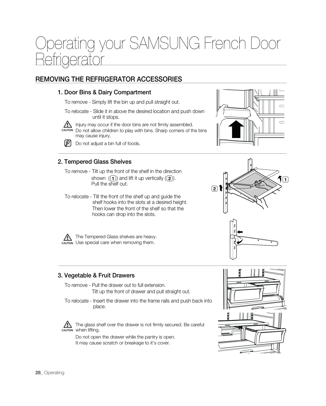 Samsung RF267AB user manual Removing The Refrigerator Accessories, Door Bins & Dairy Compartment, Tempered Glass Shelves 