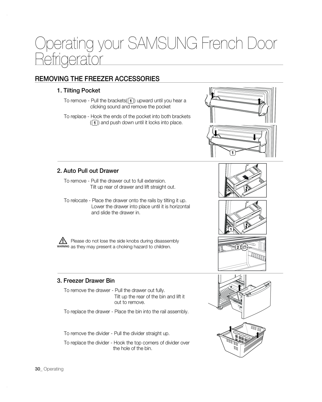 Samsung RF267AB user manual Removing The Freezer Accessories, Tilting Pocket, Auto Pull out Drawer, Freezer Drawer Bin 
