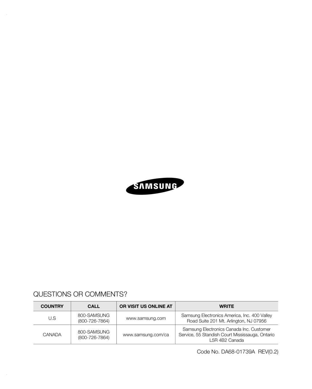Samsung RF267AB Questions Or Comments?, Code No. DA68-01739A REV0.2, Country, Call, Or Visit Us Online At, Write 