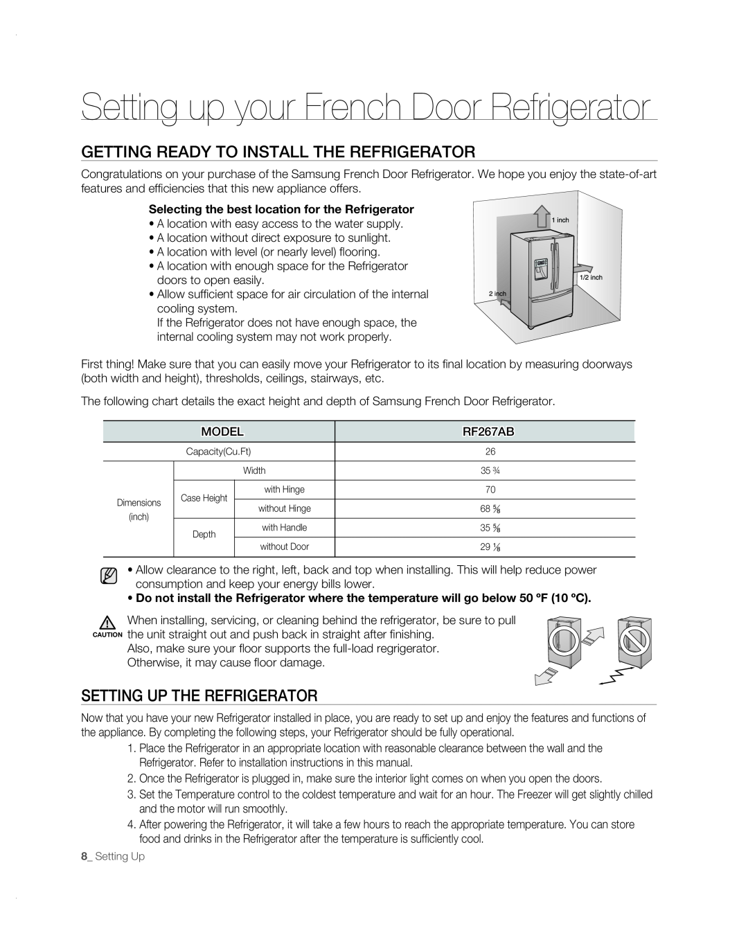 Samsung RF267AB user manual Setting up your French Door Refrigerator, Getting Ready To Install The Refrigerator 