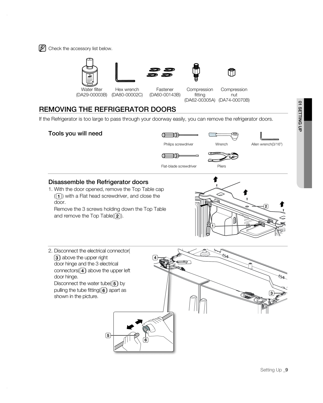 Samsung RF267AB user manual Removing the refrigerator doors, Tools you will need, Disassemble the Refrigerator doors 
