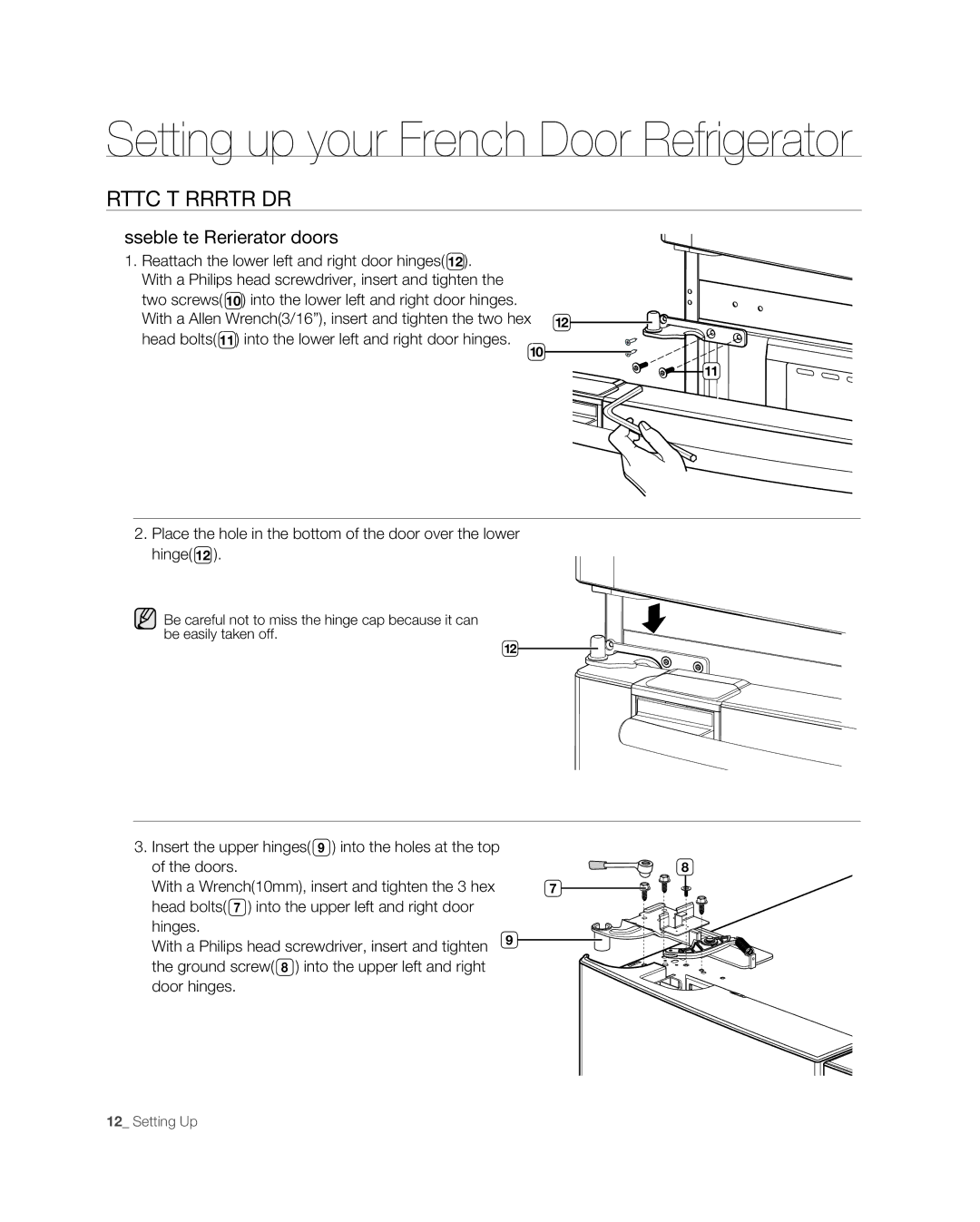 Samsung RF267ABPN user manual ReattaChing the RefRigeRatoR dooRs, Assemble the Refrigerator doors 