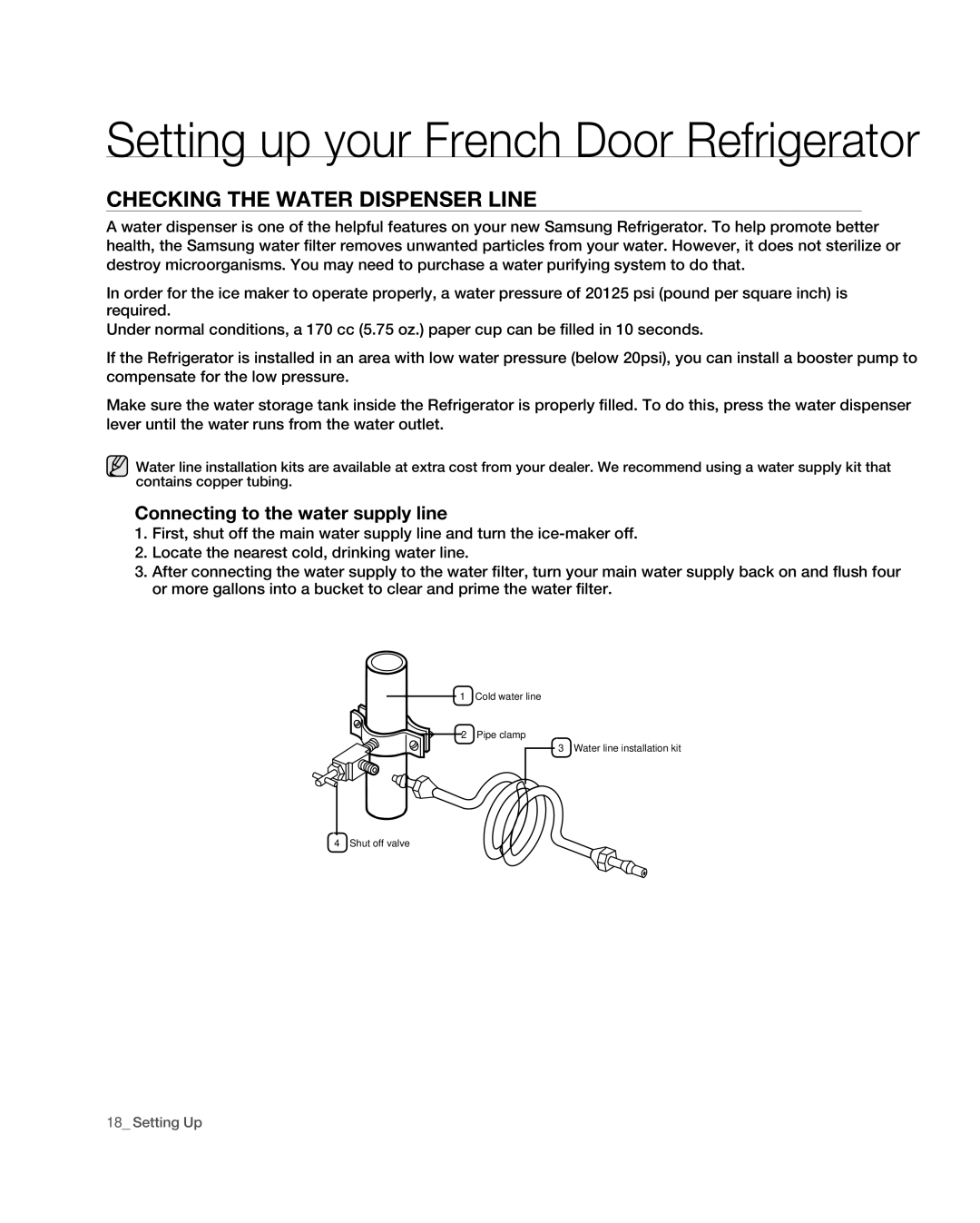 Samsung RF267ABPN user manual Checking the Water Dispenser Line, Connecting to the water supply line 