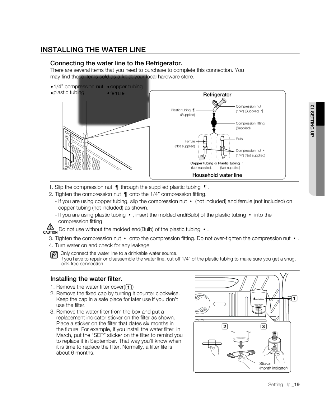 Samsung RF267ABPN Installing the Water Line, Connecting the water line to the Refrigerator, Installing the water filter 