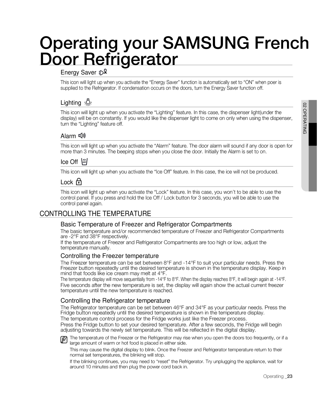 Samsung RF267ABPN user manual Controlling the Temperature 