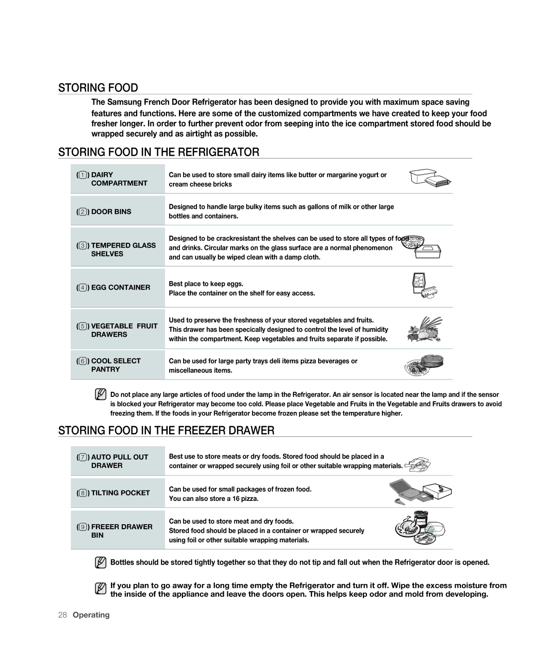 Samsung RF267ABPN user manual Storing Food in the Refrigerator, Storing Food in the Freezer Drawer 