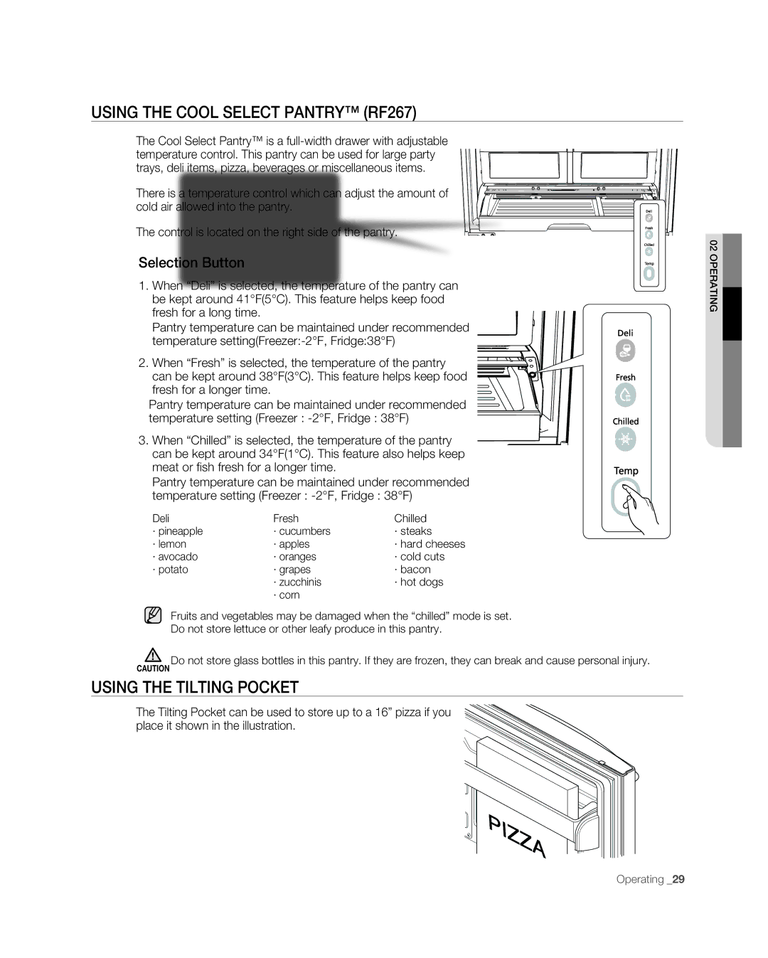 Samsung RF267ABPN user manual Using the Cool Select Pantry RF267, Using the tilting pocket, Selection Button 