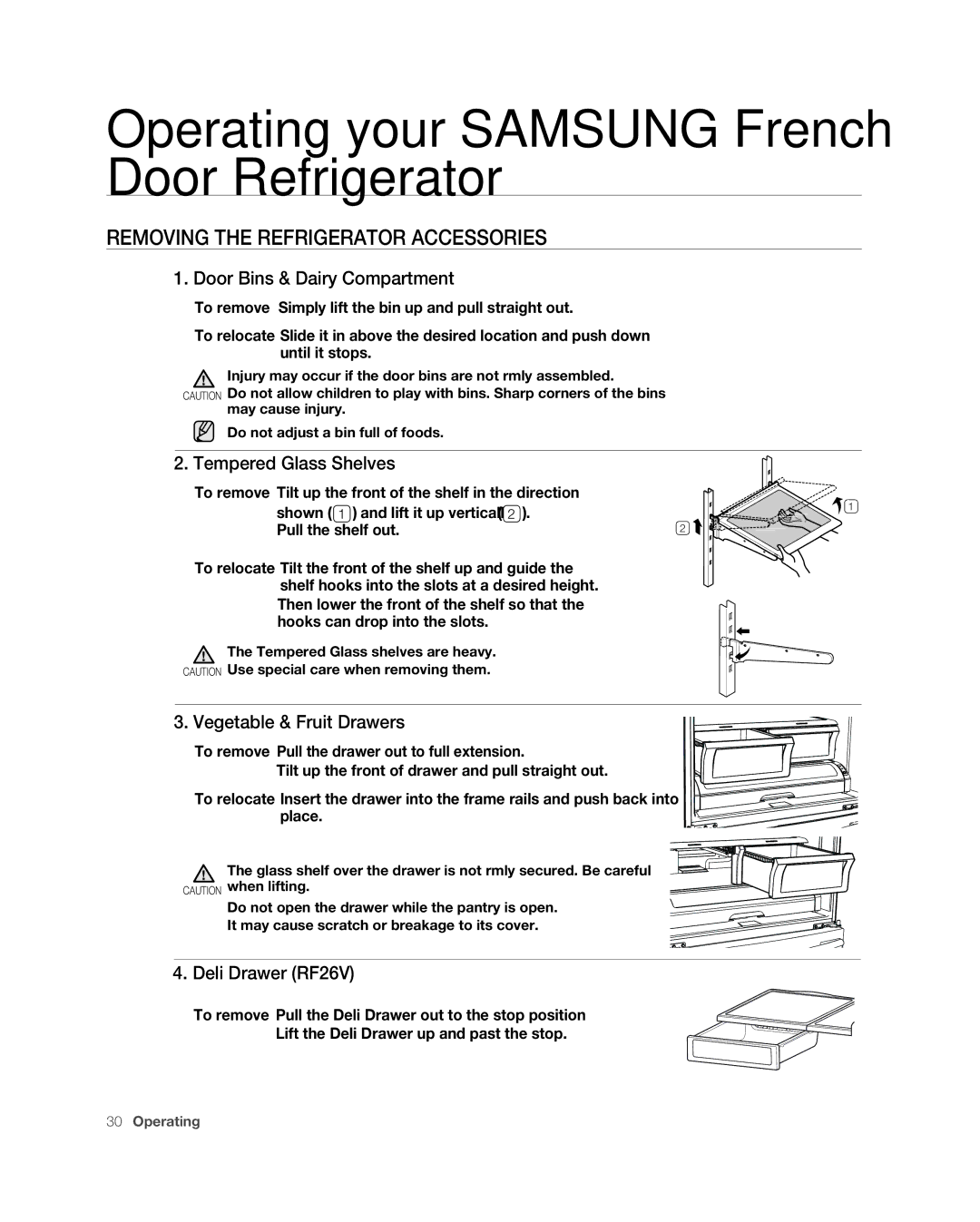 Samsung RF267ABPN user manual Removing the Refrigerator Accessories, Door Bins & Dairy Compartment, Tempered Glass Shelves 