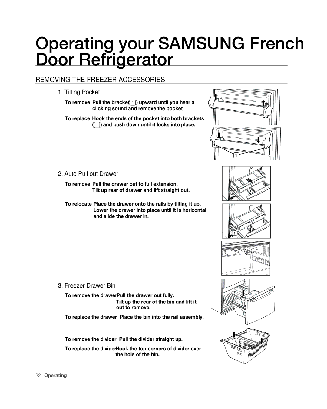 Samsung RF267ABPN user manual Removing the Freezer Accessories, Tilting Pocket, Auto Pull out Drawer, Freezer Drawer Bin 