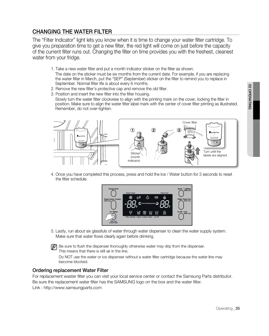 Samsung RF267ABPN user manual Changing the Water Filter, Ordering replacement Water Filter 