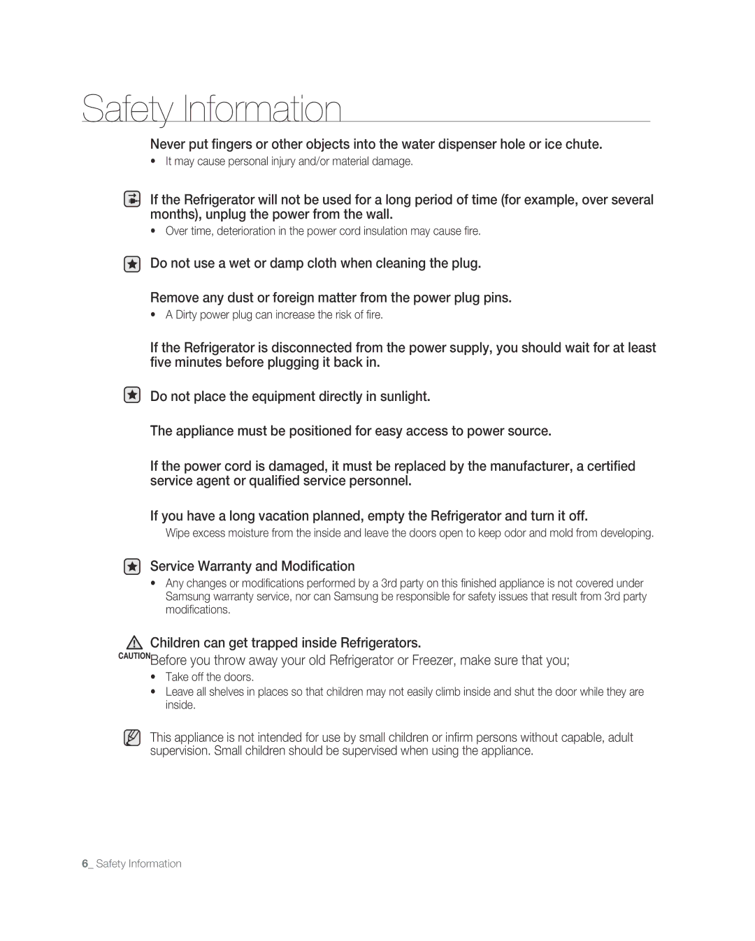 Samsung RF267ABPN user manual Service Warranty and Modification, Children can get trapped inside Refrigerators 