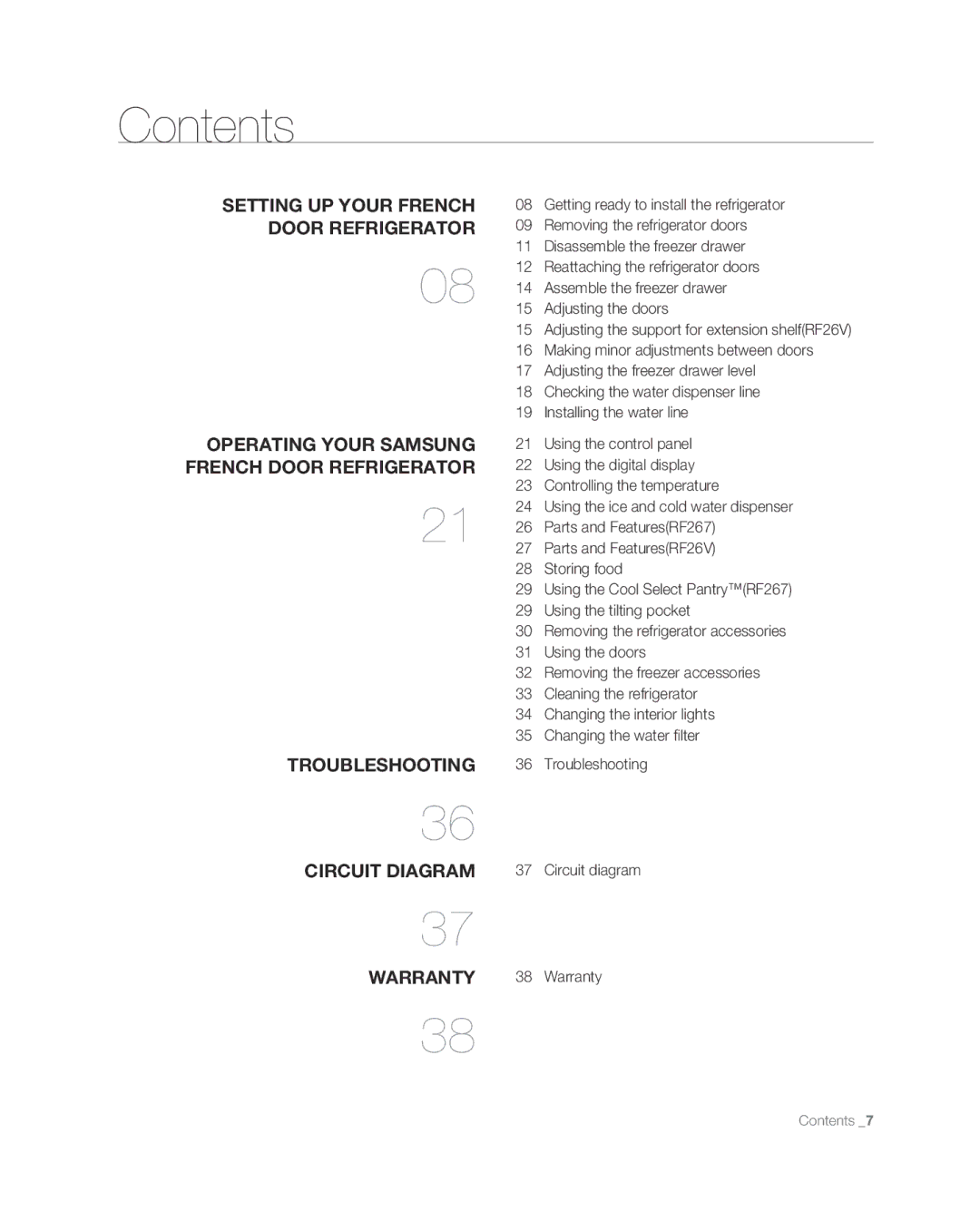 Samsung RF267ABPN user manual Contents 