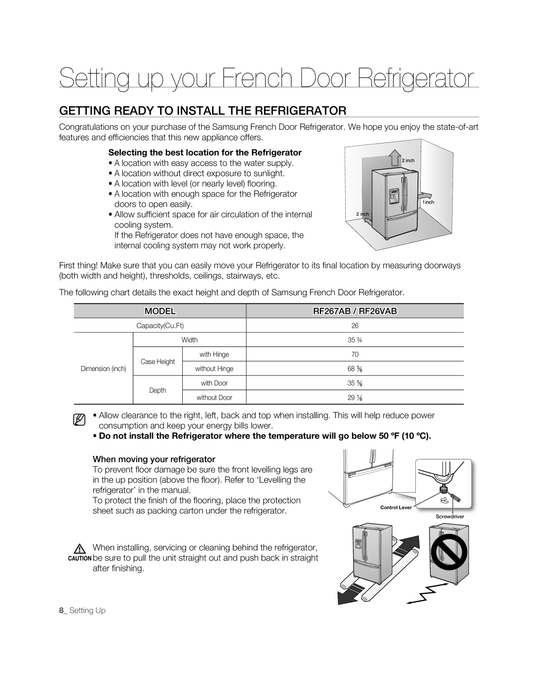 Samsung RF267ABPN user manual Setting up your French Door Refrigerator, Getting Ready to Install the Refrigerator 