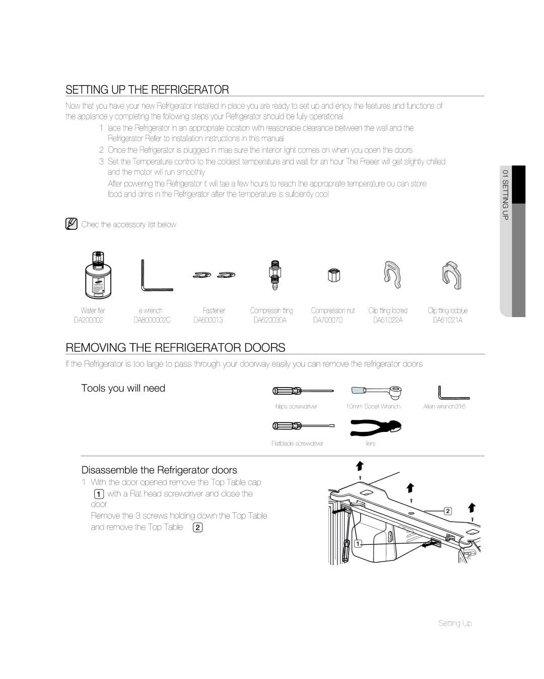 Samsung RF267ABPN user manual Setting UP the Refrigerator, Removing the refrigerator doors, Tools you will need 