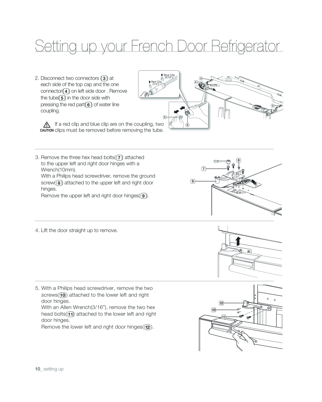 Samsung RF267ABPN user manual Setting up your French Door Refrigerator, pressing the red part 6 of water line coupling 