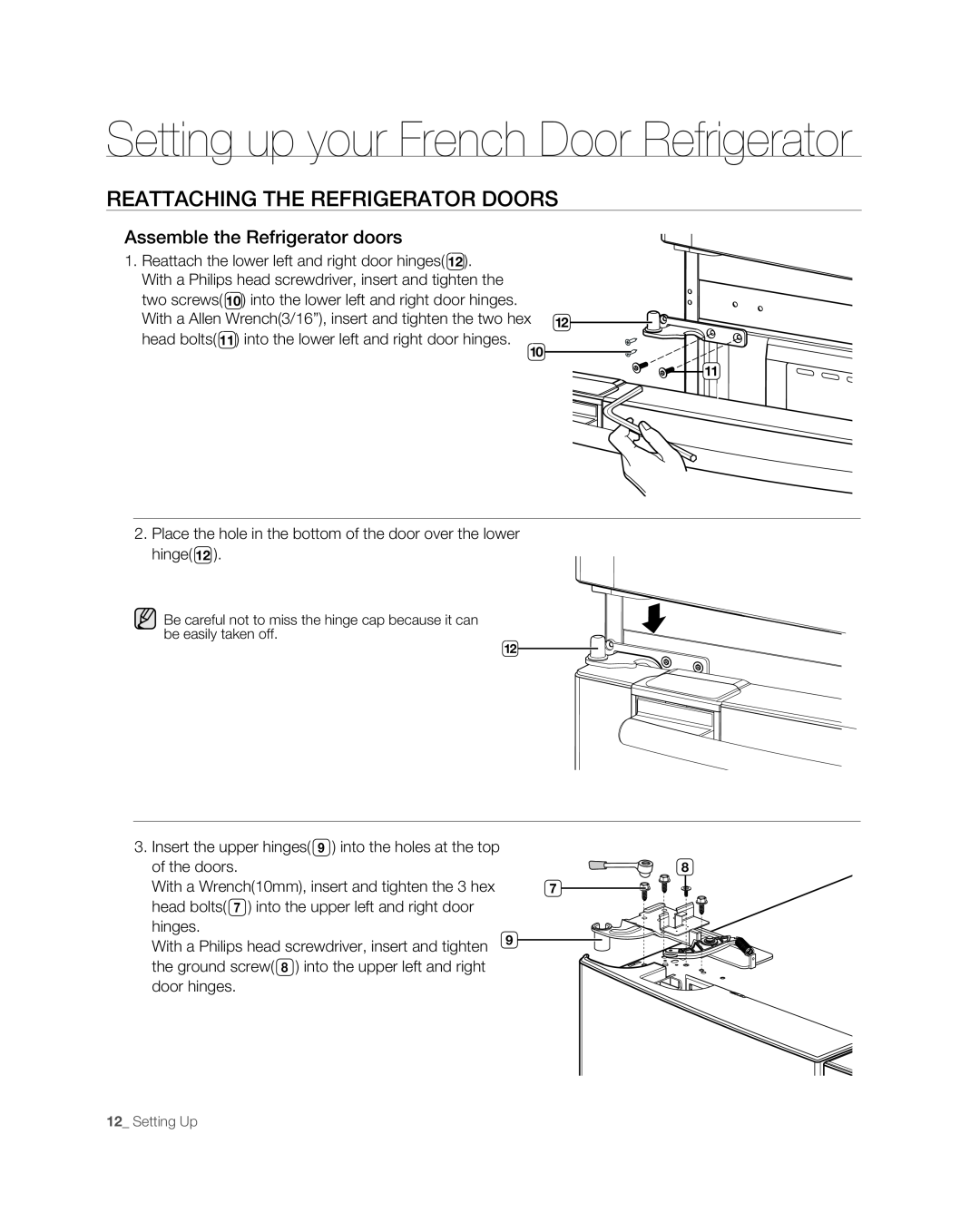 Samsung RF267ABPN user manual ReattaChing the RefRigeRatoR dooRs, Assemble the Refrigerator doors 