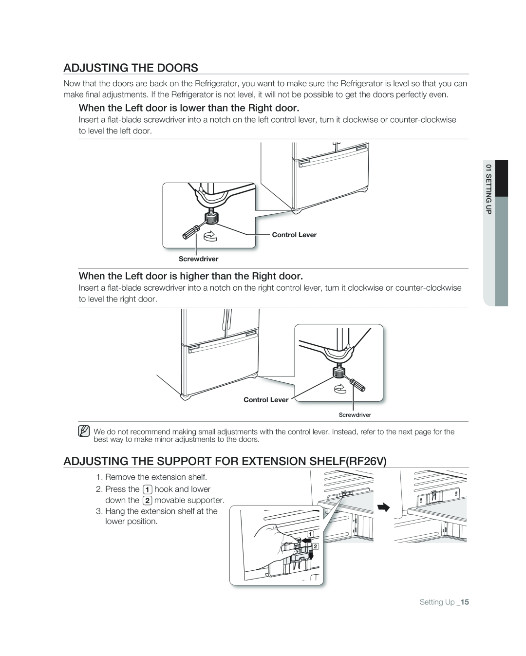 Samsung RF267ABPN user manual ADJUSTING THE doors, adjusting the support for extension shelfRF26V 