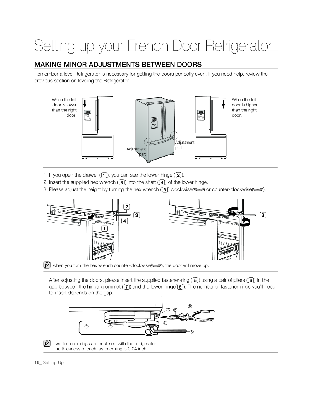 Samsung RF267ABPN user manual Making Minor Adjustments Between Doors, Setting up your French Door Refrigerator 