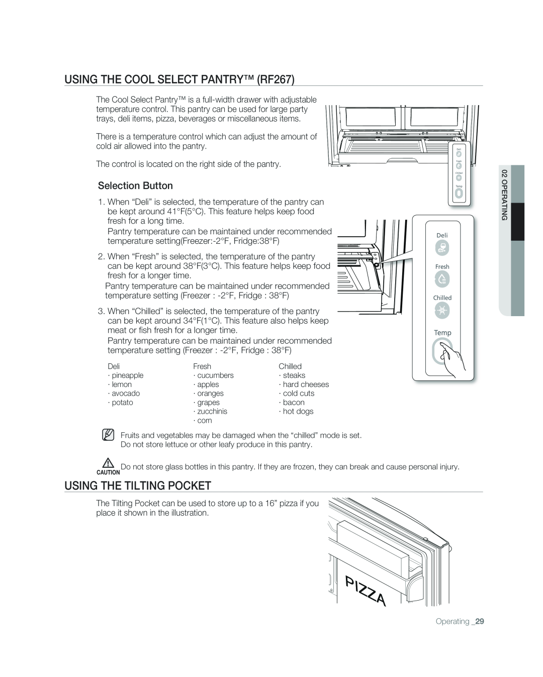 Samsung RF267ABPN user manual USING THE COOL SELECT PANTRY RF267, USING the tilting pocket, Selection Button 