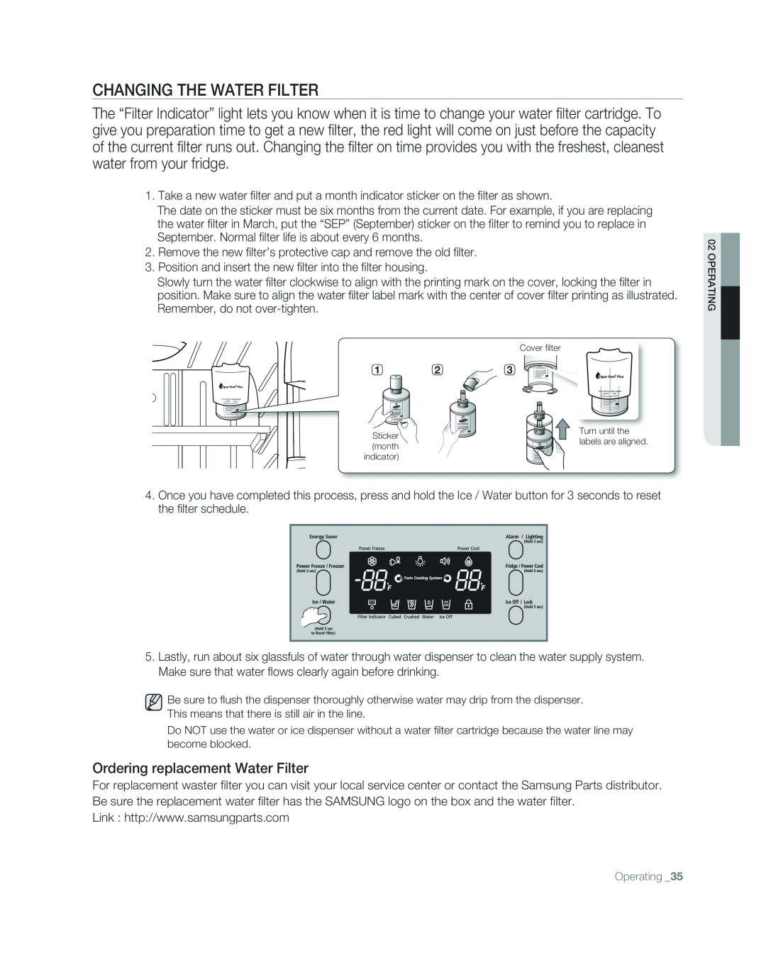 Samsung RF267ABPN user manual Changing The Water Filter, Ordering replacement Water Filter 