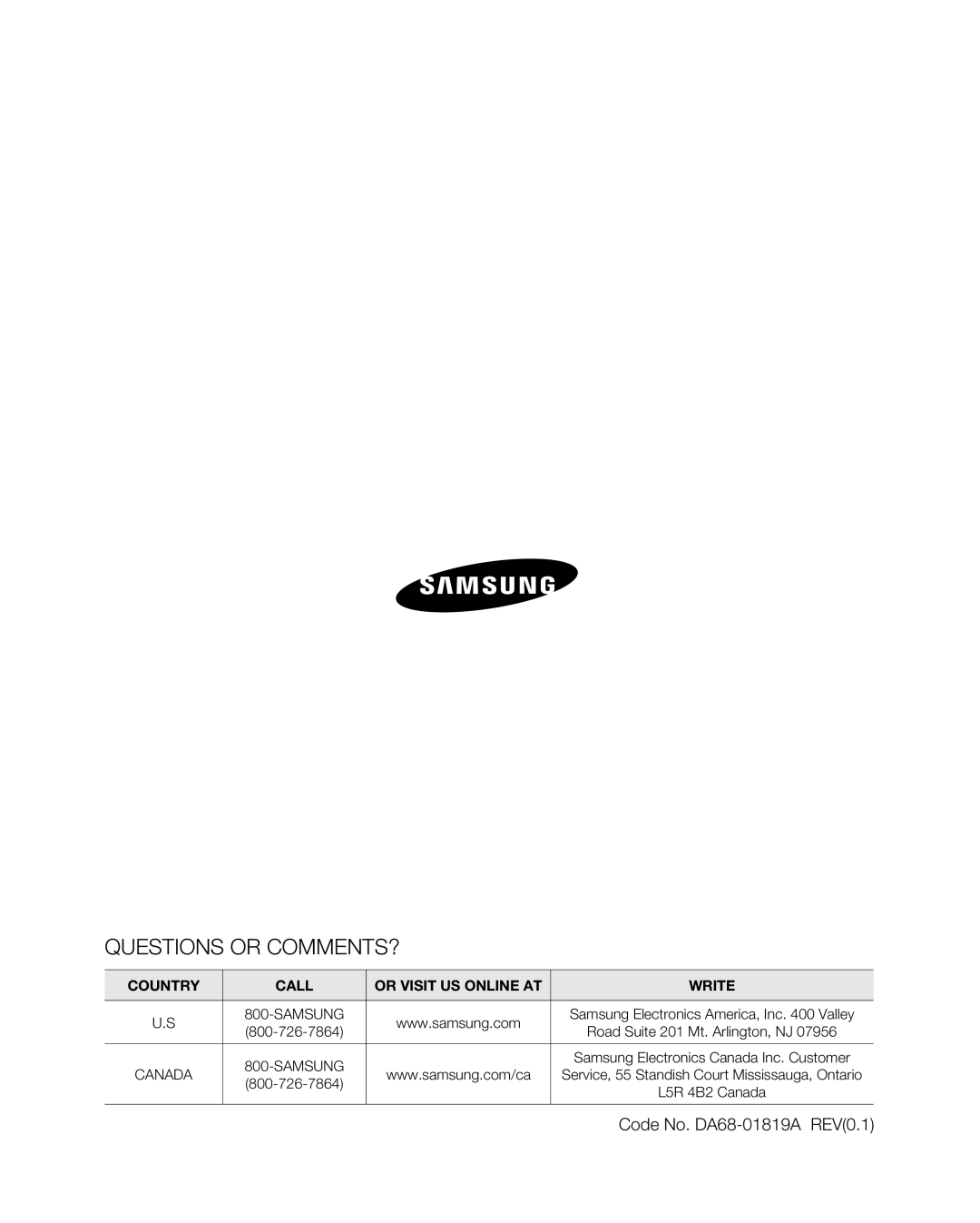 Samsung RF267ABPN Questions Or Comments?, Code No. DA68-01819A REV0.1, Country, Call, Or Visit Us Online At, Write 