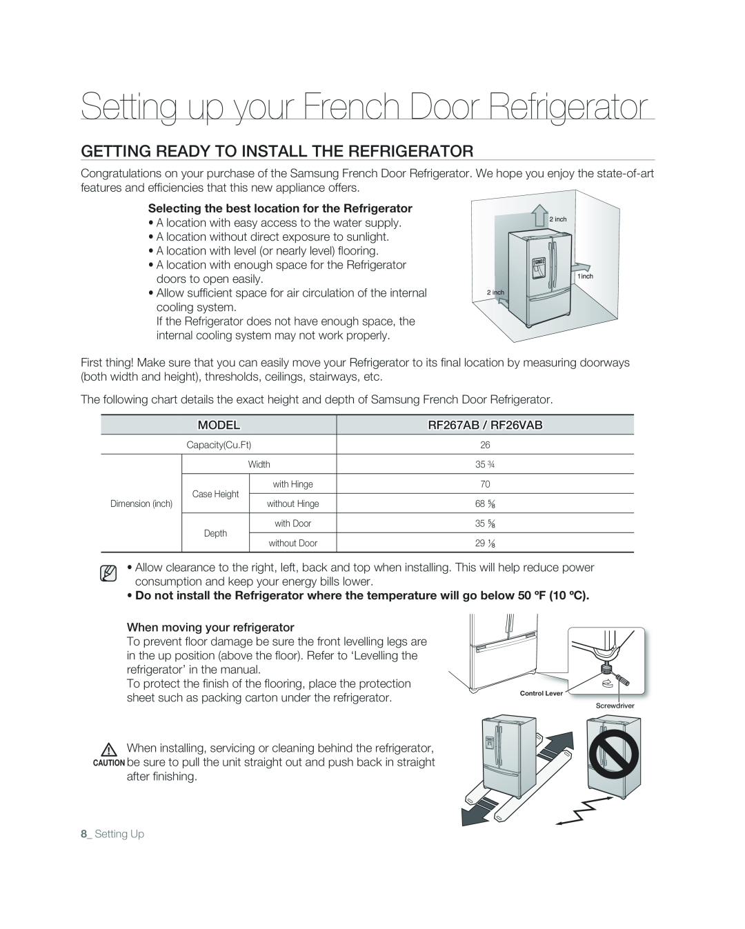 Samsung RF267ABPN user manual Setting up your French Door Refrigerator, Getting Ready To Install The Refrigerator 