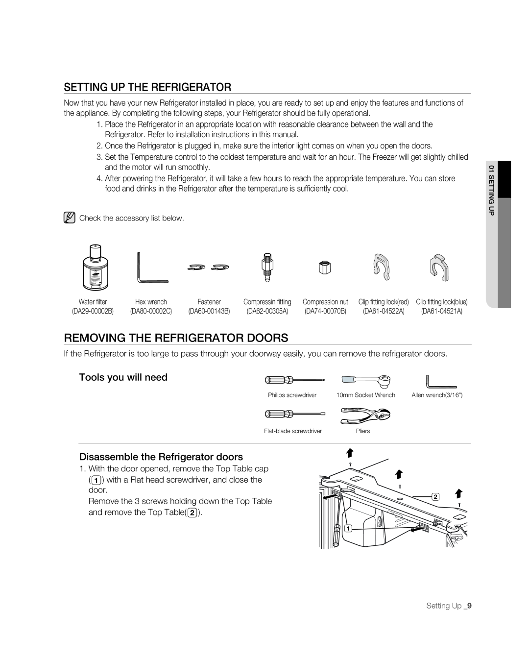 Samsung RF267ABPN user manual Setting Up The Refrigerator, Removing the refrigerator doors, Tools you will need 