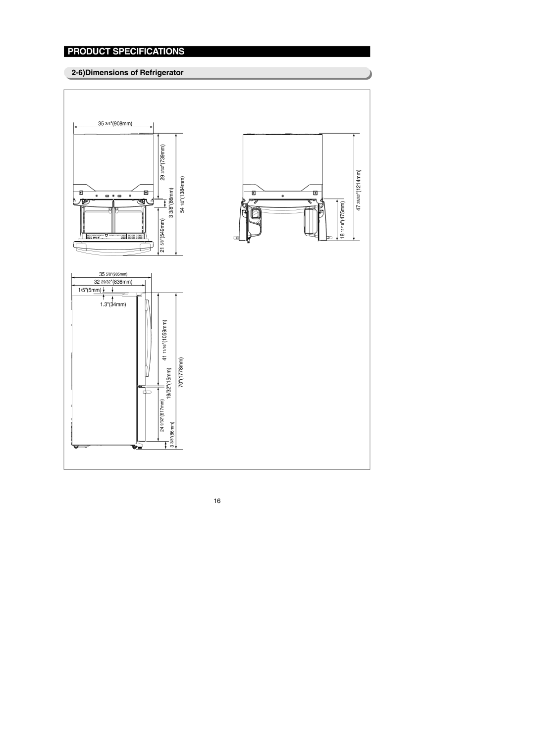 Samsung RF267AEWP, RF267AEBP, RF267AE**, RF26XAERS, RF26XAEPN 6Dimensions of Refrigerator, 11/161059mm 19/3215mm 701778mm 