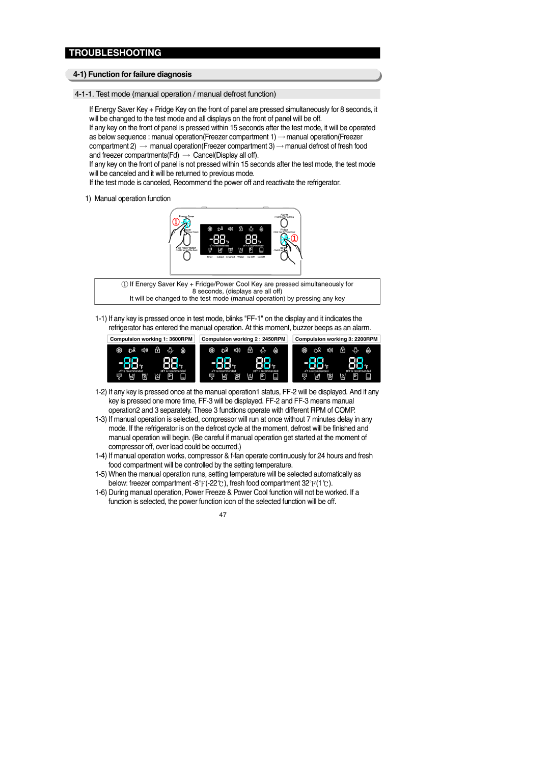 Samsung RF267AEXAA Function for failure diagnosis, Test mode manual operation / manual defrost function, Compartment 