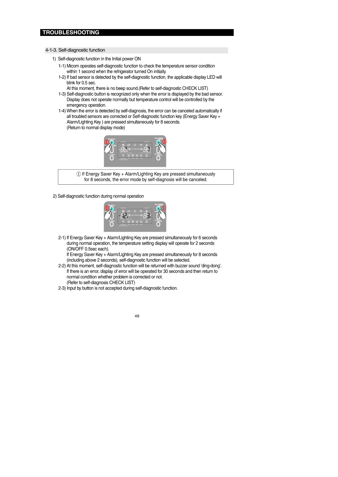 Samsung RF267AEBP, RF267AE**, RF26XAERS Return to normal display mode, Self-diagnostic function during normal operation 