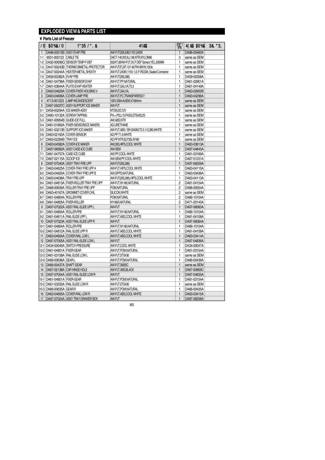 Samsung RF267AERS, RF267AEBP, RF267AE**, RF26XAERS, RF26XAEPN, RF26XAE**, RF26XAEXAA, RF267AEWP, RF267AEXAA Parts List of Freezer 