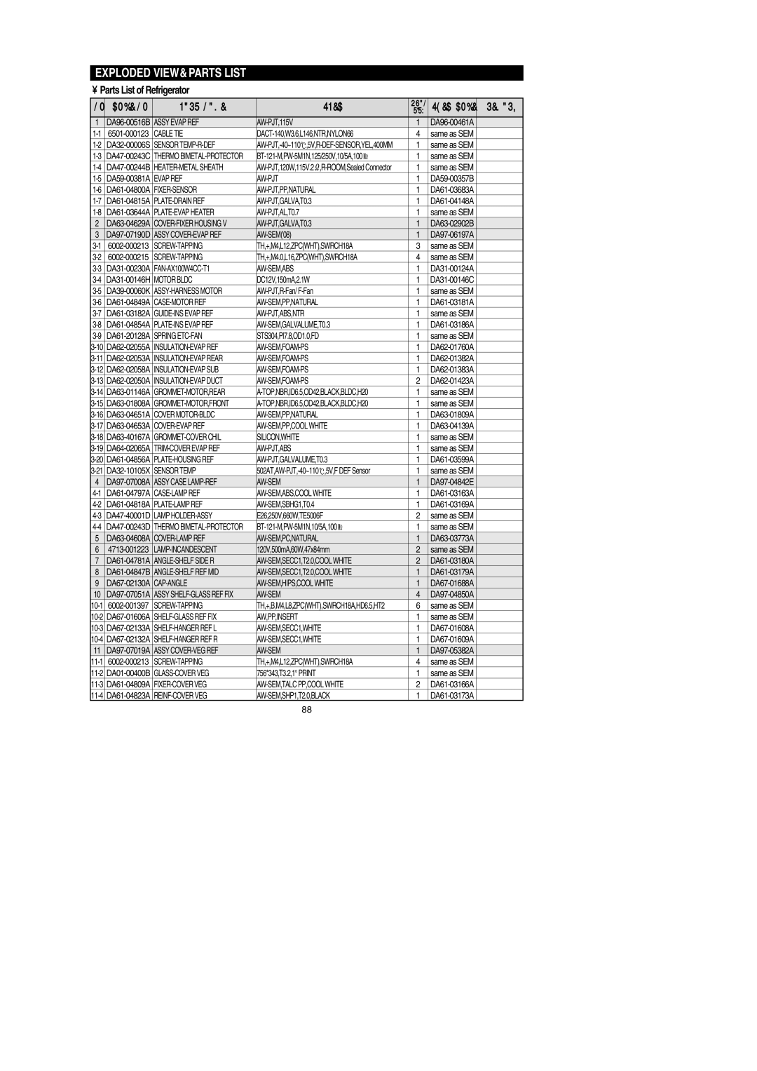 Samsung RF267AEPN, RF267AEBP, RF267AE**, RF26XAERS, RF26XAEPN, RF26XAE**, RF26XAEXAA, RF267AERS Parts List of Refrigerator 